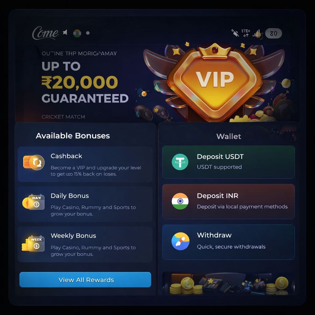 Come download app screen showing VIP bonus up to ₹20,000, cashback, daily bonus, weekly bonus, and wallet deposit options.